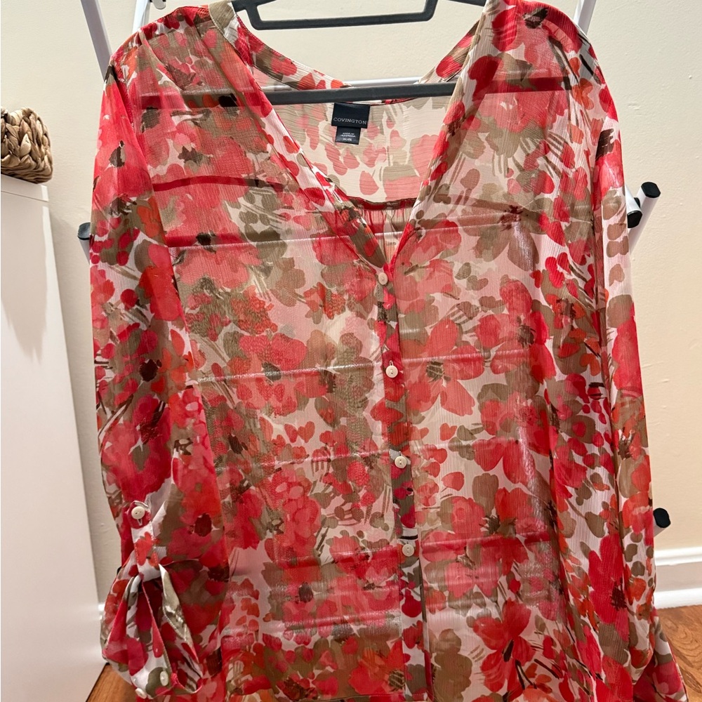Covington Floral Sheer Blouse - Red and Green